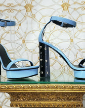 VERSACE BLUE LEATHER SANDALS SHOES with GOLD MEDUSA STUDS 37.5 - 7.5