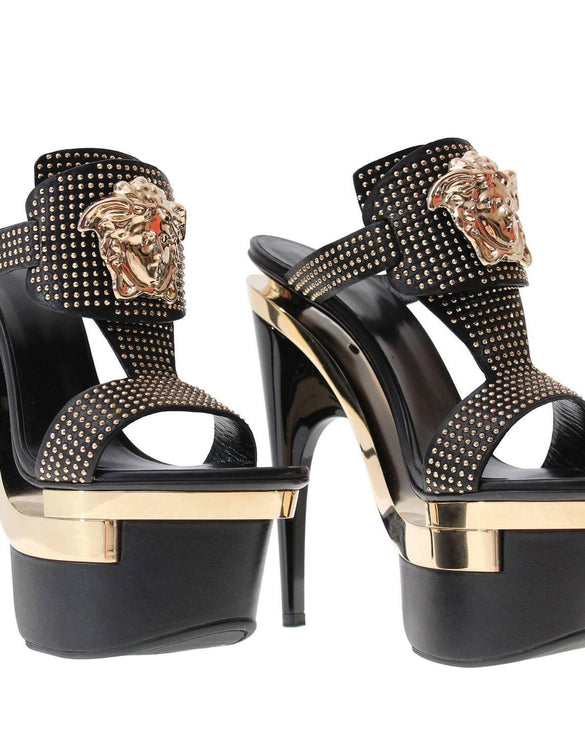 $2,395 New VERSACE Black Leather Triple Platform Studded Sandals Shoes 40 - 10