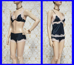 NEW VERSACE 3 PIECES BLACK SATIN and PINK LACE LINGERIE SX size