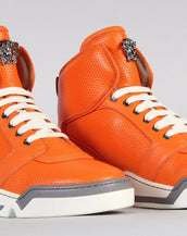 $1,125 New Versace Men's Orange Perforated Leather  High-Top Sneakers 44 -11