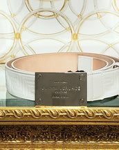 NEW GIANNI VERSACE WHITE LEATHER GREEK KEY EMBROIDERED SILVER BUCKLE BELT 80/32