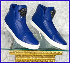 NEW VERSACE BLUE LEATHER PALAZZO HIGH-TOP 3D MEDUSA SNEAKERS Sz 45 - 12