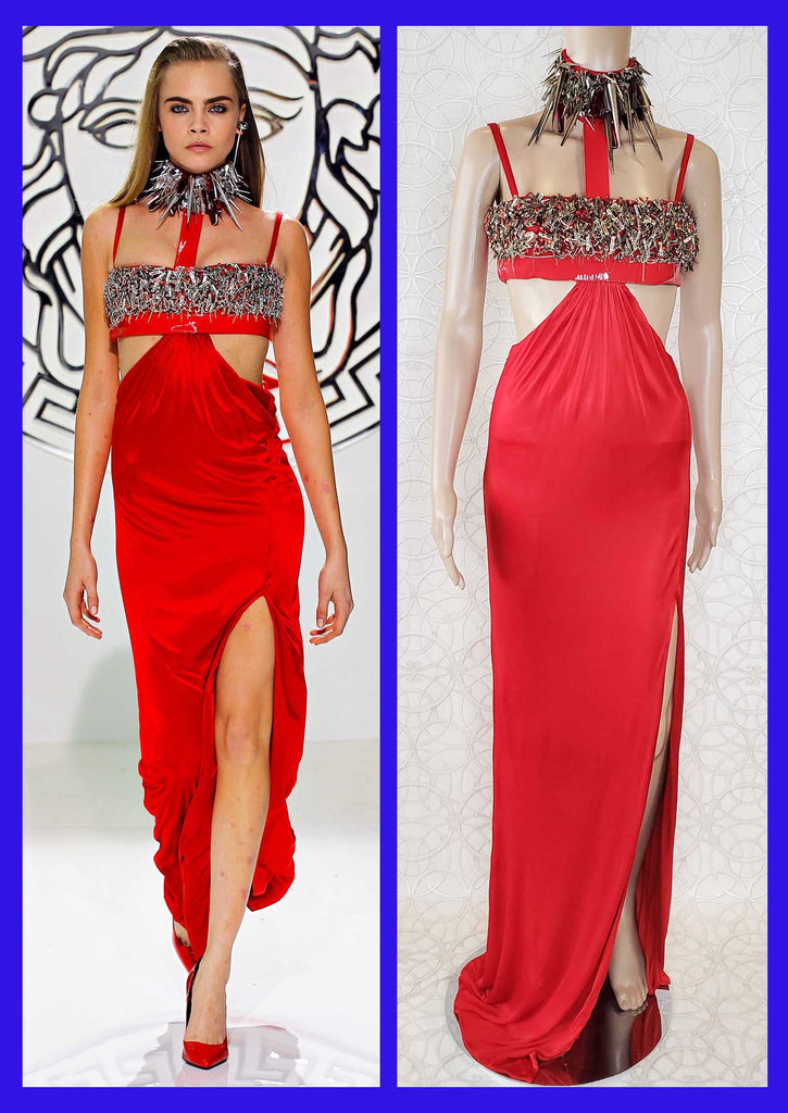 F/W 2013 LOOK #49 VERSACE RED SSTUDDED VINYL and SPIKES JERSEY DRESS 38 - 2
