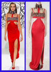 F/W 2013 LOOK #49 VERSACE RED SSTUDDED VINYL and SPIKES JERSEY DRESS 38 - 2
