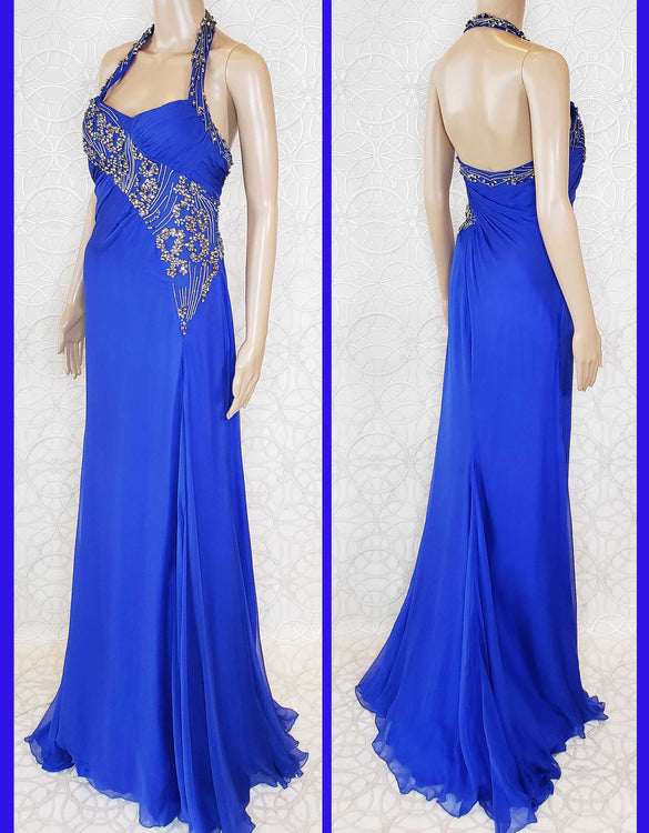 F/W 2009 NEW VERSACE BLUE SILK EMBROIDERED HALTER GOWN 42 - 6