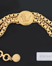 VERSACE VINTAGE 24K GOLD PLATED TRIPLE CHAIN GREEK KEY MEDUSA BRACELET