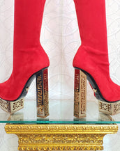 Fall 2015 Look # 8 NEW VERSACE RED SUEDE LETHER GREEK KEY OVER KNEE BOOTS 38 - 8