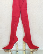 Fall 2015 Look # 8 NEW VERSACE RED SUEDE LETHER GREEK KEY OVER KNEE BOOTS 38 - 8