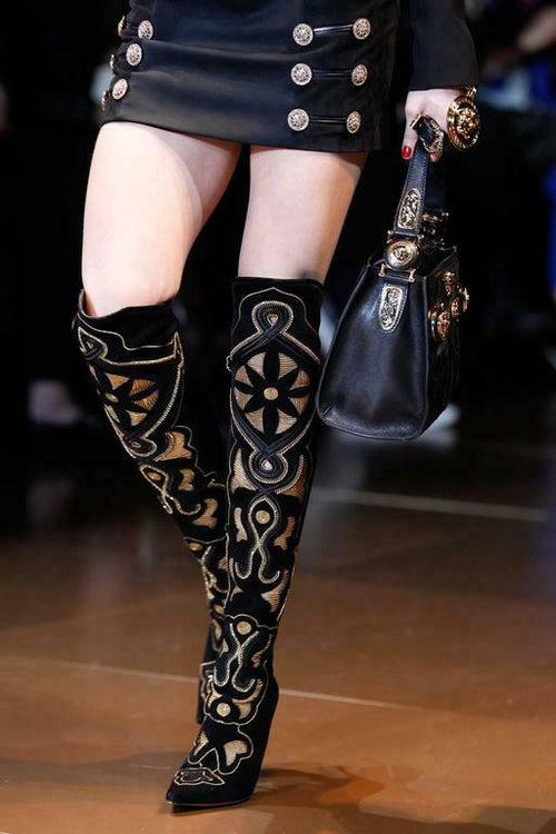 $5,950 NEW VERSACE EMBELLISHED BLACK SUEDE LEATHER OVER KNEE BOOTS 38 - 8