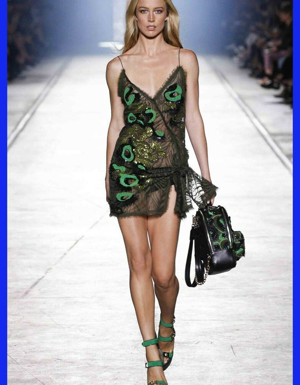 S/2016 Look # 53 VERSACE EMBROIDERED GREEN and BLACK DRESS with PANTY  38 - 2