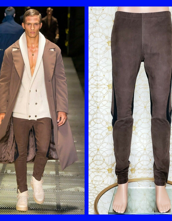 F/W 2015 Look# 37 VERSACE BROWN LEATHER LOUNGE SPORT PANTS size 48 - 32 (M)