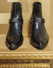 F/W 2011 look # 7 NEW VERSACE BLACK LEATHER BOOTS with SILVER MEDUSA  44 - 11
