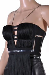 S/2011 look # 41 NEW VERSACE BLACK SILK  FRINGE TOP and LEATHER SKIRT 38 - 2