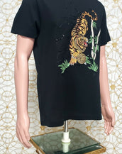 NEW VERSACE BLACK BEADED COTTON T-SHIRT with TIGER PRINT size XL