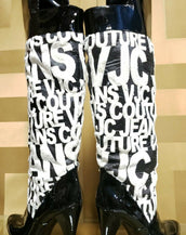 VERSACE VJC BLACK AND WHITE PATENT LEATHER and FAUX FUR OVER KNEE BOOTS 39 - 9