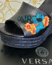 NEW VERSACE BLACK LEATHER and FLORAL EMBROIDERY WEDGE SANDALS  38 - 8