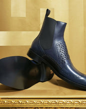 NEW VERSACE DARK NAVY BLUE LEATHER CHELSEA BOOTS with METAL SPIKES 47 - 14