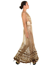 $20,000 NEW TOM FORD NUDE EMBELLISHED CHIFFON DRESS w/ GOLD SEQUIN PANTS