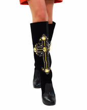 NEW VERSACE CHRYSTAL-EMBELLISHED CROSS VELVET and LEATHER KNEE BOOTS 40 - 10