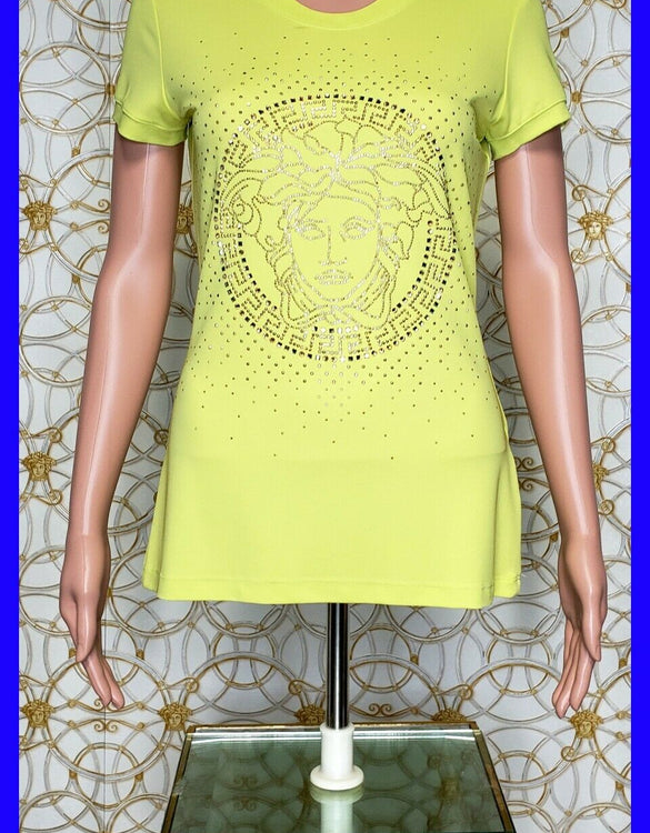 NEW VERSACE CRYSTAL AND STUD EMBELLISHED YELLOW T-SHIRT sz L