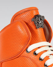 $1,125 New Versace Men's Orange Perforated Leather  High-Top Sneakers 41 - 8