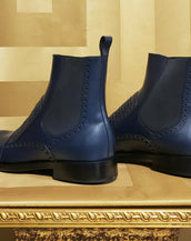 NEW VERSACE DARK NAVY BLUE LEATHER CHELSEA BOOTS with METAL SPIKES 47 - 14
