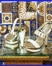 VERSACE JEANS COUTURE PATENT LEATHER PLATFORM SANDALS IN WHITE and GOLD 39 - 9