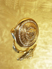 NEW GIANNI VERSACE CRYSTAL GOLD PLATED MEDUSA VANITAS DISC RING Size 7; 8.5; 9.5