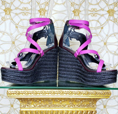 NEW VERSACE PURPLE LEATHER and PINK LACE WEDGE SANDALS  37 - 7; 37.5 - 7.5; 38 - 8;38.5 - 8.5; 39.5 - 9.5