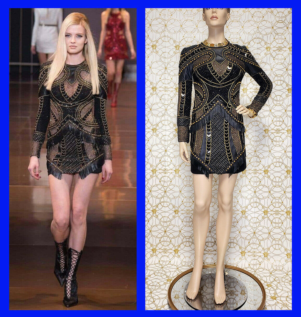F/W14 look 41 VERSACE CRYSTAL and STUD EMBELLISHED LEATHER DRESS w/FRINGE 40 - 6