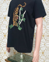 NEW VERSACE BLACK BEADED COTTON T-SHIRT with TIGER PRINT size XL