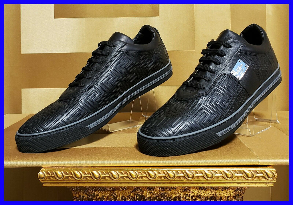 NEW VERSACE COUTURE BLACK LEATHER SNEAKERS with GREEK PATTERN 41.5 - 8.5