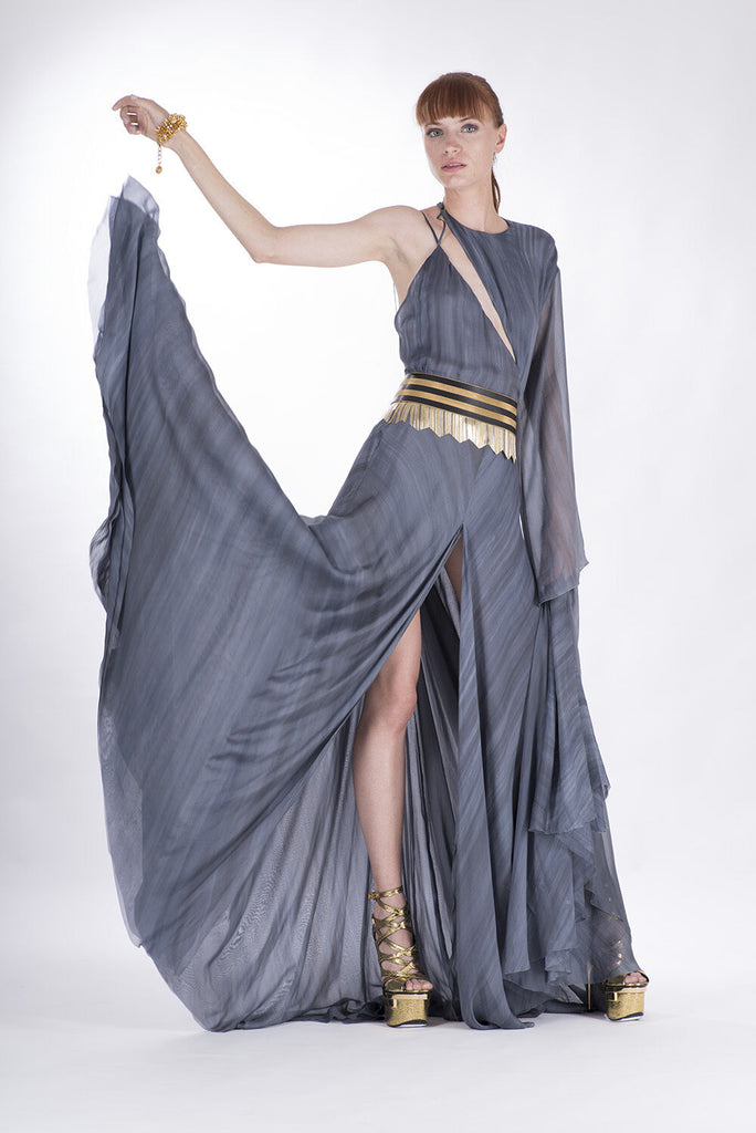 $12,525 NEW VERSACE DOVE GREY LONG DRESS GOWN with ONE SLEEVE