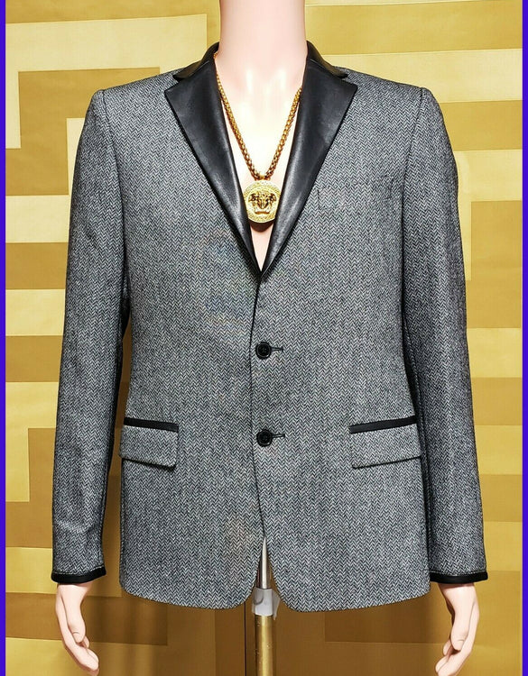 NEW VERSACE COLLECTION GREY JACKET WITH BLACK LEATHER COLLAR 48 - 38