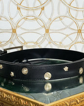 NEW VERSACE BLACK LEATHER BELT with LIGHT GOLD PLATED MEDUSA STUDS 90/36