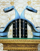 VERSACE BLUE LEATHER SANDALS SHOES with GOLD MEDUSA STUDS 37.5 - 7.5