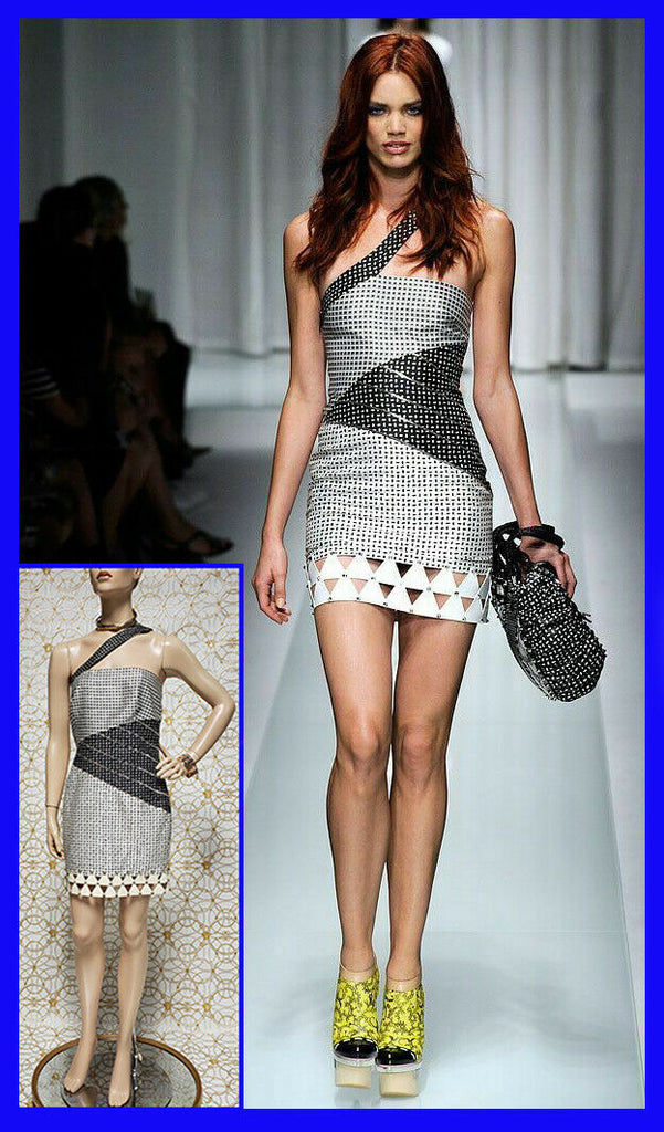 S/S2010 look #31 NEW VERSACE SILK DRESS with PATENT LEATHER & METAL STUDS 42 - 6