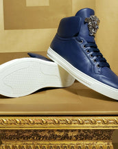 NEW VERSACE DARK BLUE LEATHER PALAZZO HIGH-TOP SNEAKERS 39 - 6