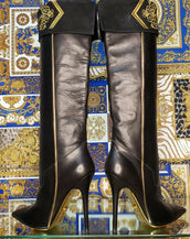 Pre-Fall 2013 L# 8 VERSACE MILITARY BLACK LEATHER KNEE BOOTS w/EMBROIDERY 40-10