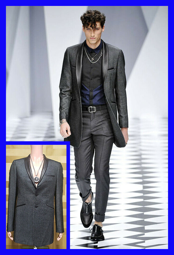 NEW S/S11 LOOK #7 VERSACE GRAY COAT JACKET with LEATHER COLLAR 48 - 38
