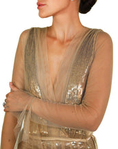 $20,000 NEW TOM FORD NUDE EMBELLISHED CHIFFON DRESS w/ GOLD SEQUIN PANTS