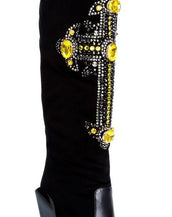 NEW VERSACE CHRYSTAL-EMBELLISHED CROSS VELVET and LEATHER KNEE BOOTS 40 - 10
