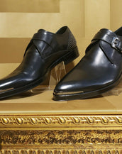S/S 2011 look #27 VERSACE BLACK LEATHER MONK SHOES with STUDS and METAL  44 - 11