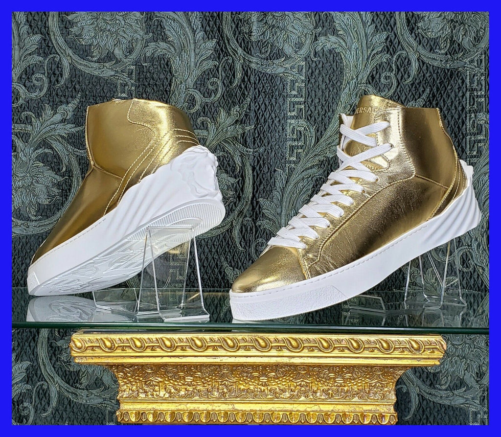 NEW VERSACE HIGH -TOP METALLIC LEATHER SNEAKERS WHITE MEDUSA SOLE  43- 10