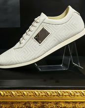 NEW VERSACE WHITE  LEATHER SNEAKERS with a GREEK PATTERN 39.5 - 6.5