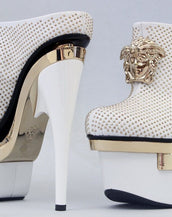 $2445 New VERSACE White Leather Triple Platform Studded Bootie Boots 38.5 - 8.5