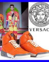 $1,125 New Versace Men's Orange Perforated Leather  High-Top Sneakers 45 - 12