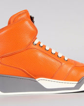 $1,125 New Versace Men's Orange Perforated Leather  High-Top Sneakers 41 - 8