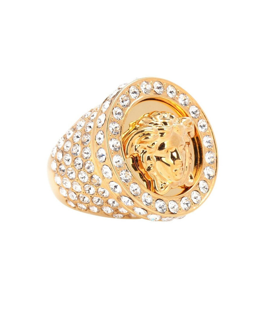 NEW VERSACE ALL OVER CRYSTAL GOLD PLATED MEDUSA RING Size 9