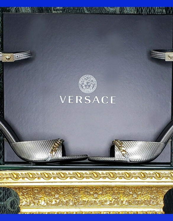 VERSACE SILVER  LEATHER SANDALS SHOES with GOLD CHAIN 40 - 10